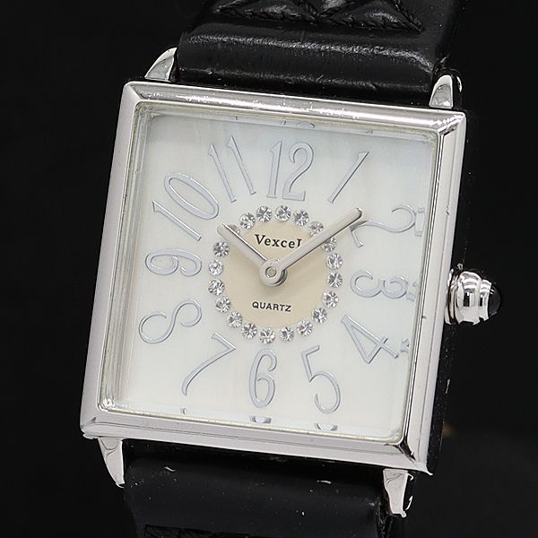 稼働 美品 ベクセル QZ 72089 スクエア 石付 ホワイトシェル文字盤 レディース腕時計 Stu