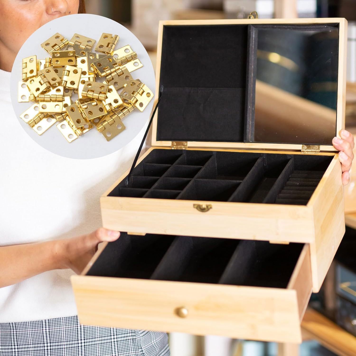 Amazon.co.jp: ミニヒンジ 丁番 蝶番 兆番 50個入 木箱用 ヒンジ 平型蝶番 ドア用金物 化粧ケース 宝石箱 金具 家具補修 固定  DIY ゴールド【16*13mm】 : 産業・研究開発用品 小さな宝石箱、キャビネットの扉、ドールハウスの家具用の真鍮メッキミニヒンジセット10個セット