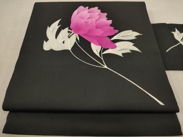 平和屋着物◎塩瀬 九寸名古屋帯 手描き 草花文 黒地 金彩 正絹