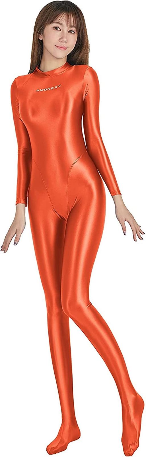Lipro つるつる すべすべ ぴっちり 全身タイツ コスプレ 伸縮 弾力 AMORESY( オレンジ，  3XL)