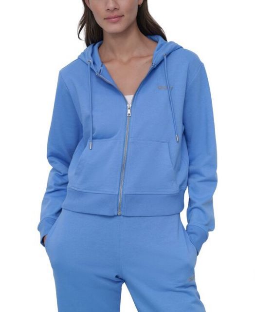 送料無料 ダナ キャラン ニューヨーク レディース パーカー スウェット アウター Women s Cotton-Blend Stud-Logo Full Zip Hoodie Cornflower Blue