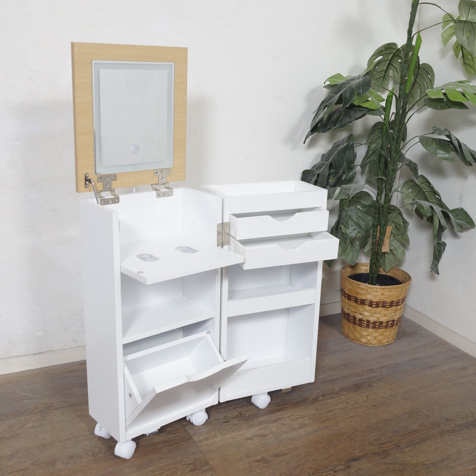 新品】K【訳あり特価】 LED女優ライト付 3色調光 コスメワゴン