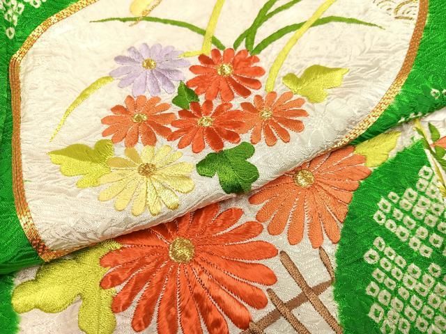 【振袖】桧扇　四季花文　絞り　金駒刺繍　金彩　正絹 平和屋着物○豪華振袖 駒刺繍 絞り 扇面草花文 金彩 正絹 逸品