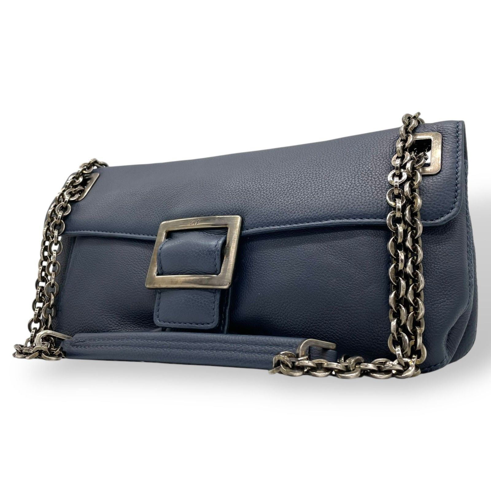 Roger Vivier ロジェヴィヴィエ ショルダーバッグ ネイビー 紺色 レザー ブラック金具 チェーンショルダー 肩掛け可 斜め掛け可 フロントバックル レディース K9