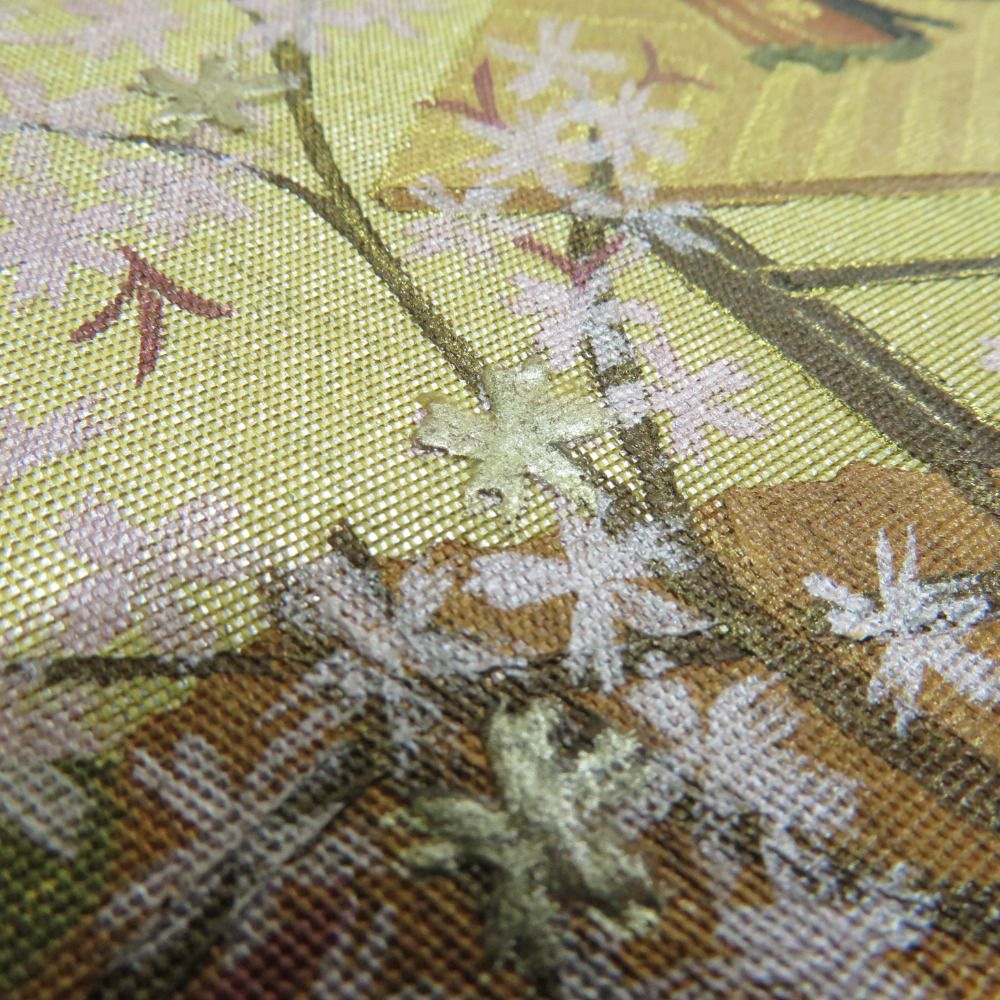 袋帯 平安絵巻文様 金糸 箔入り 金色x多色 六通柄 お太鼓柄 正絹