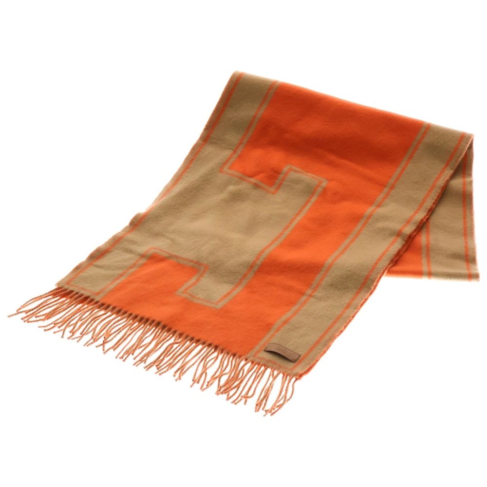 HERMES エルメス クレ ドゥ H ロゴ カシミヤ レザーロゴパッチ フリンジマフラー ブラウン|オレンジ