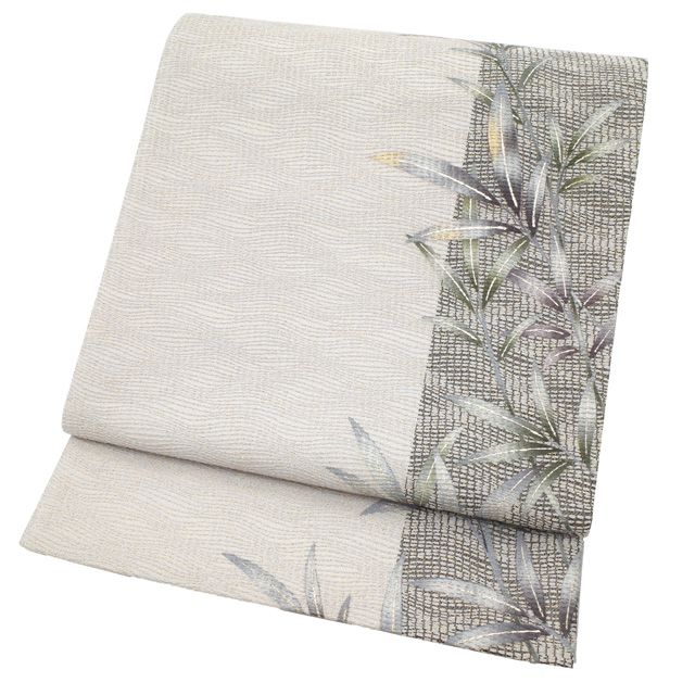 すごい値 袋帯 リサイクル 正絹 全通 染め帯 染帯 落款 ライトグレー 葉 植物 金通し セミフォーマル カジュアル さが美扱い 仕立て上がり 春 秋 冬 お茶会 七五三 入学式 卒業式 観劇 リユース すごいね みやがわ neb01549