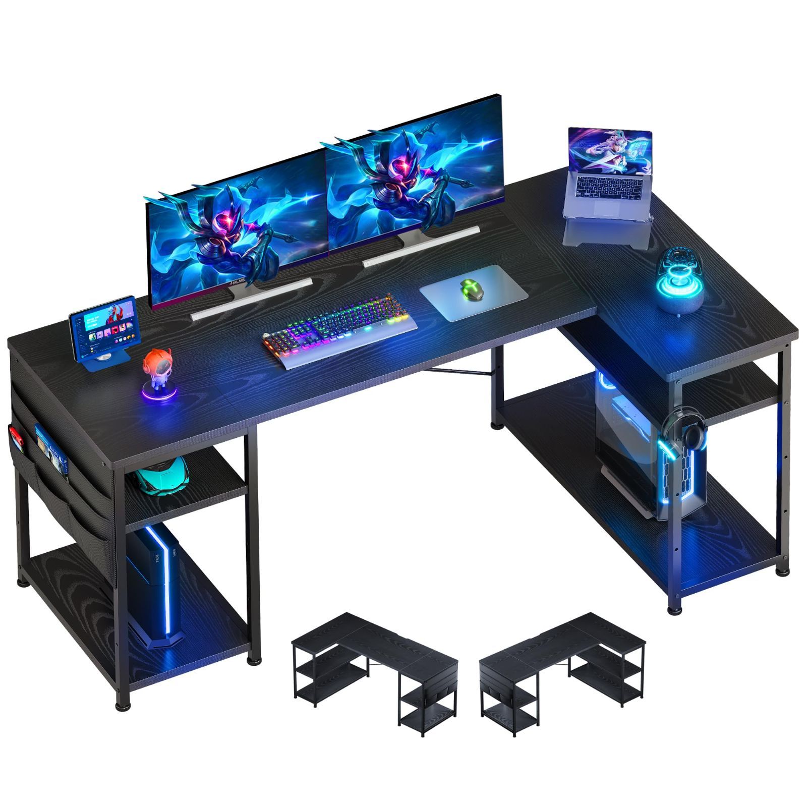 ゲーミングデスク デスク 幅150cm pcデスク l字デスク コーナーデスク 棚板高さ調節 収納袋付き L字型 PC 勉強机 作業 YeTom 在宅勤務 リモートワーク ゲーム 書斎 収納ラック付き 黑い