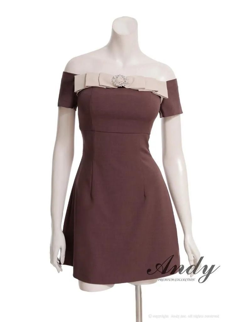 ブラウン ON3019-BR-2510 ANDY アンディ オフショル リボン ブローチ Aライン フ ワンピース ミニドレス キャバドレス