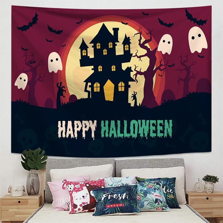 【特価商品】ハロウィンガーランドインテリア かぼちゃ 壁掛け 布ポスター おしゃれ ハロウィン装飾 (E， 壁 ハロウィン飾り 95×73) ハロウィンタペストリー WAMiYA
