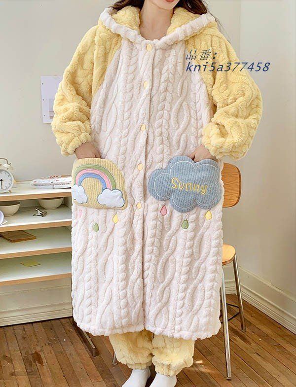 ルームウェア もこもこ パジャマ 冬 長袖 ナイトガウン あったか モコモコ 前開き 部屋着 寝巻き 着る毛布 暖かい フード付き kni5a377458