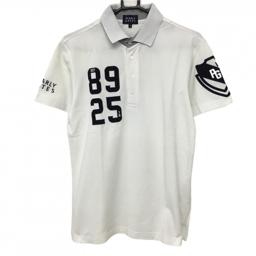 特価パーリーゲイツ 半袖ポロシャツ 白×ネイビー 袖刺しゅうワッペン  メンズ 5(L) ゴルフウェア PEARLY GATES