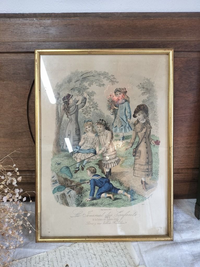 フランス アンティーク 木製 ファッションイラスト付き フレーム 額