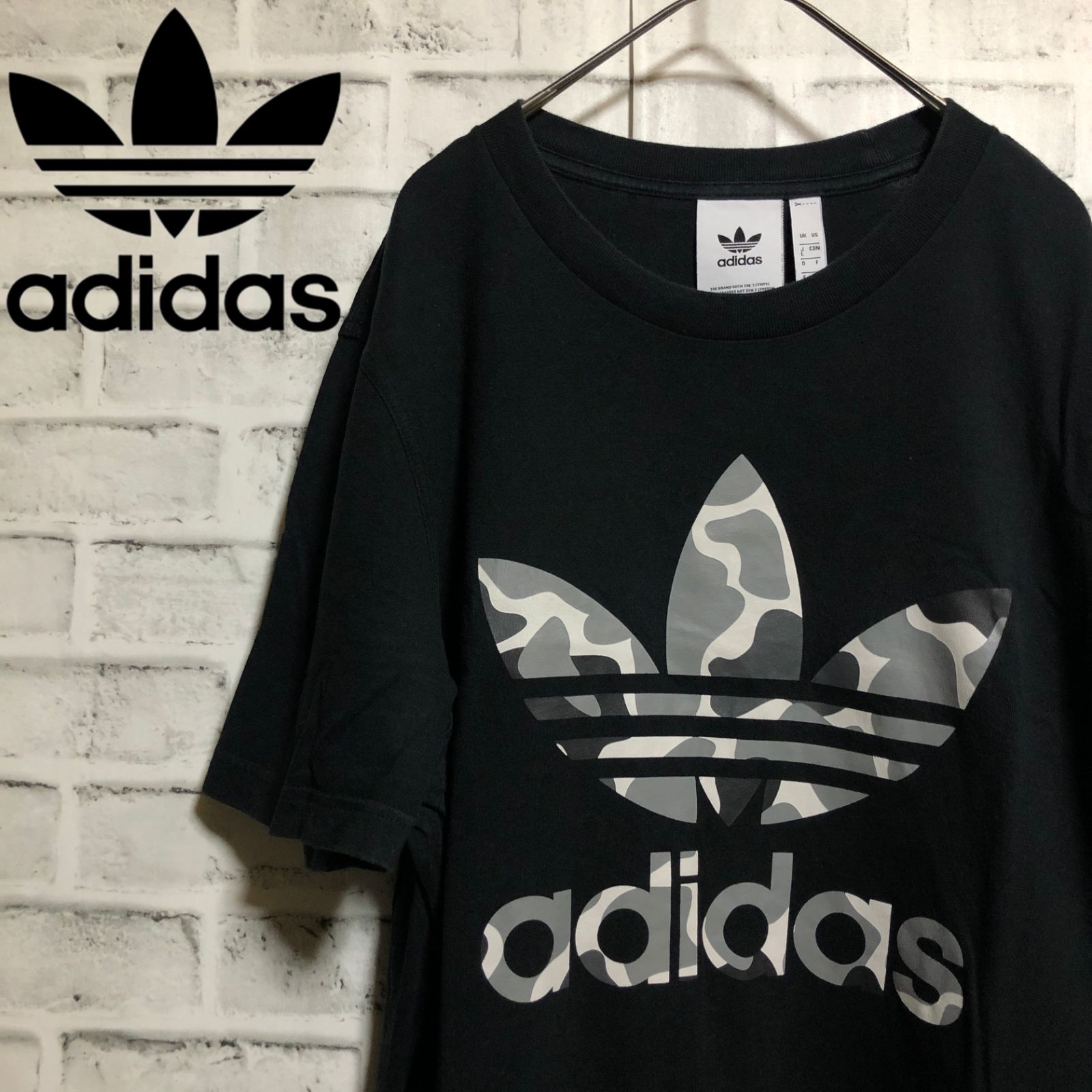 adidas⭐️00s ビッグトレファイルロゴ Tシャツ vintage ブラック×グレーカモ