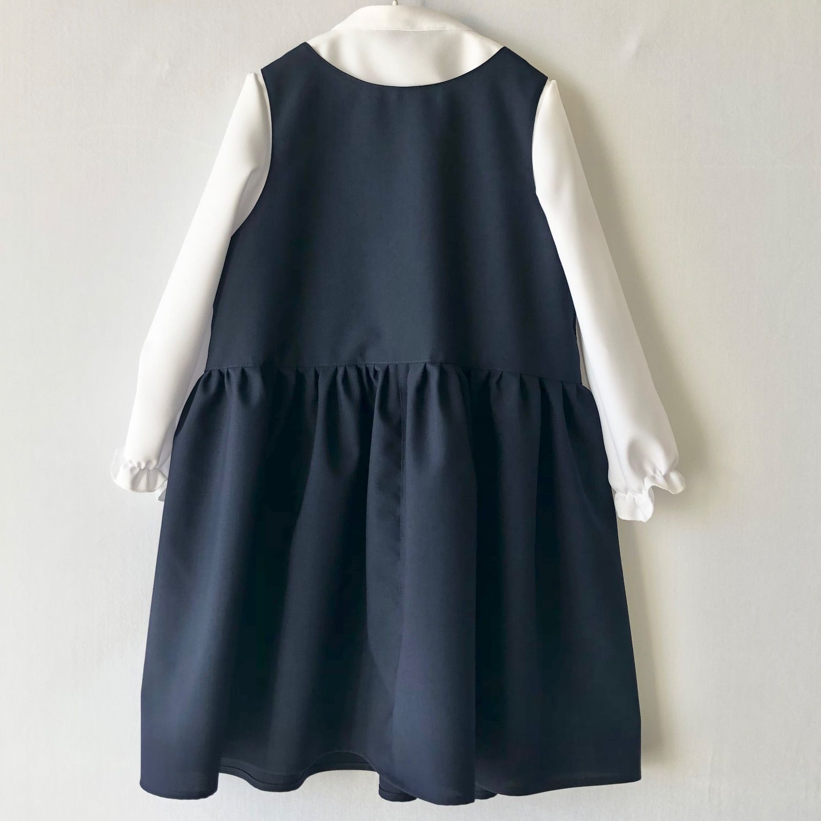 【3wayフォーマルコーデセット】大きなパールボタンのよそゆきワンピース【ネイビー/子ども服/スタンドカラーシャツブラウス/リボン/ジャボ】