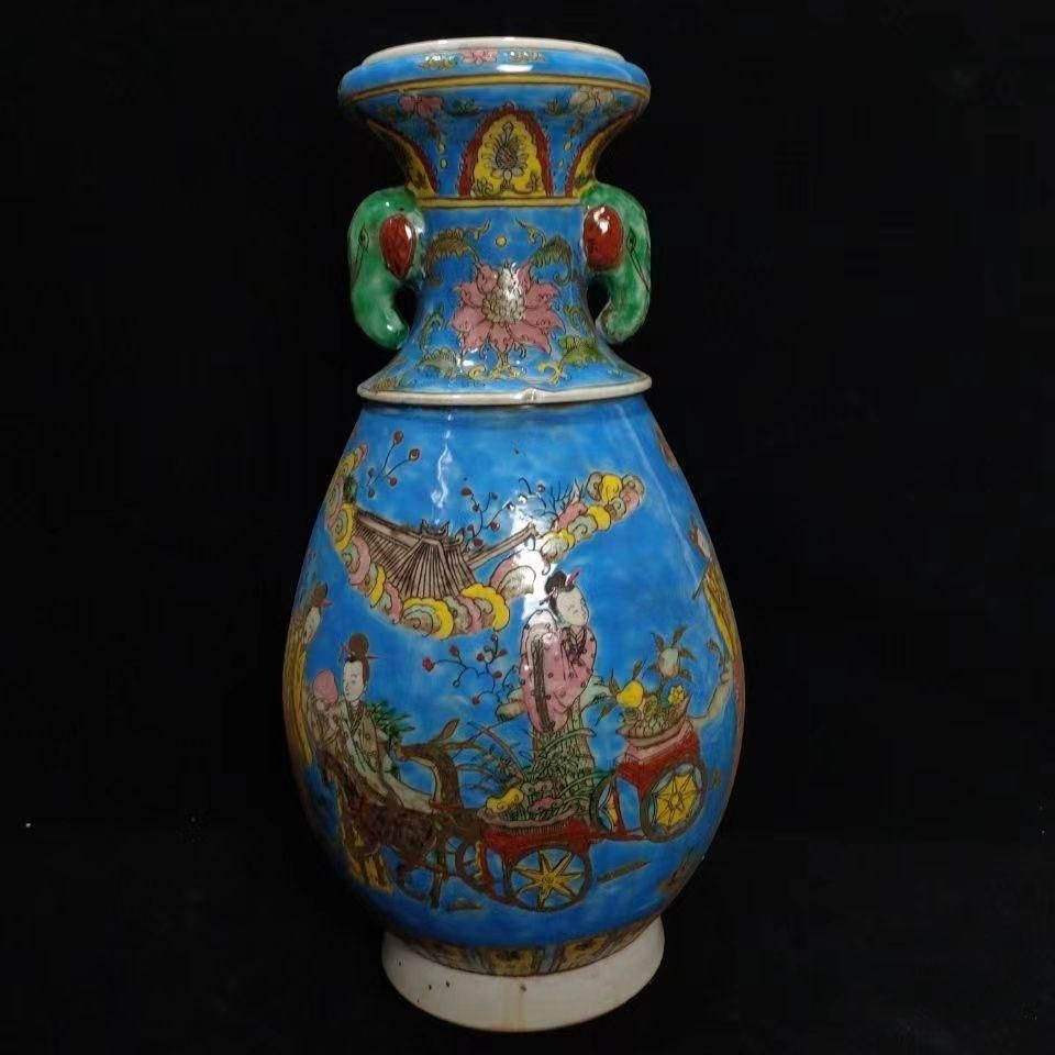 康熙藍地粉彩人物故事象耳瓶 現代工芸品 美術品 装飾品 置物