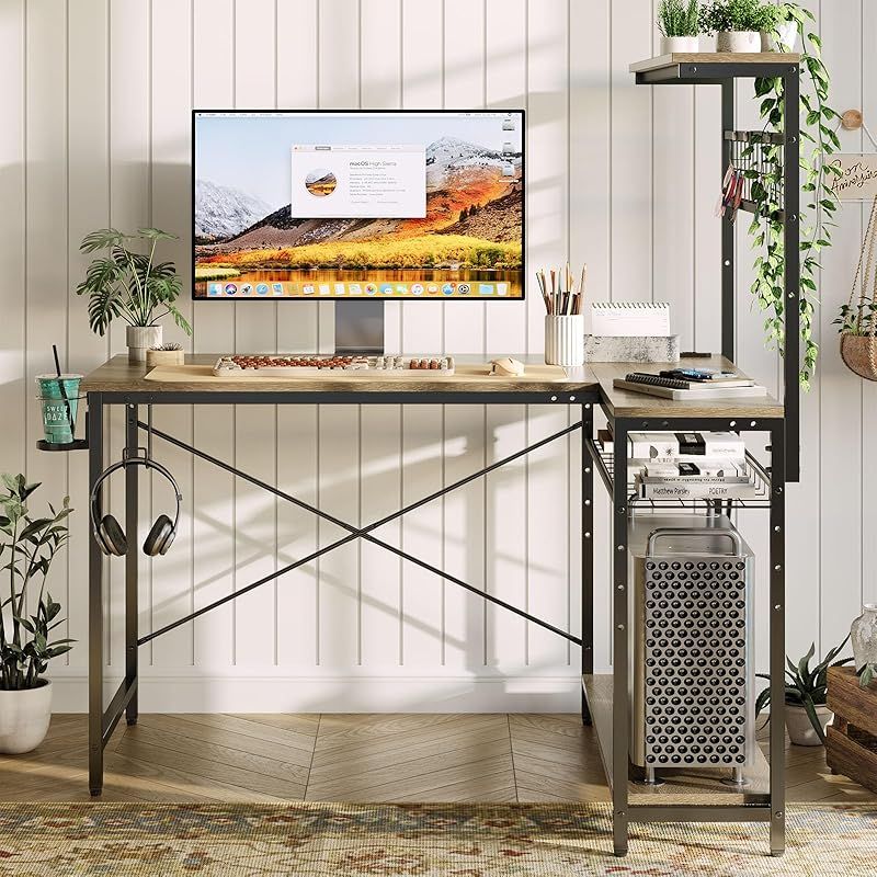 Bestier l字デスク ゲーミングデスク LED付き 幅107cm コンセント付き パソコンデスクL字型 デスク 机 ライトオーク
