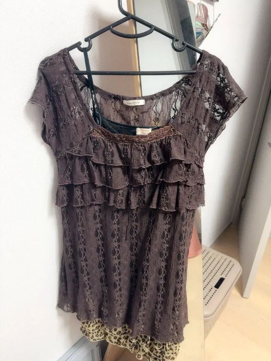 まとめ レイヤード ONE PIECE フリル ブラウス ブラウン 森ガール