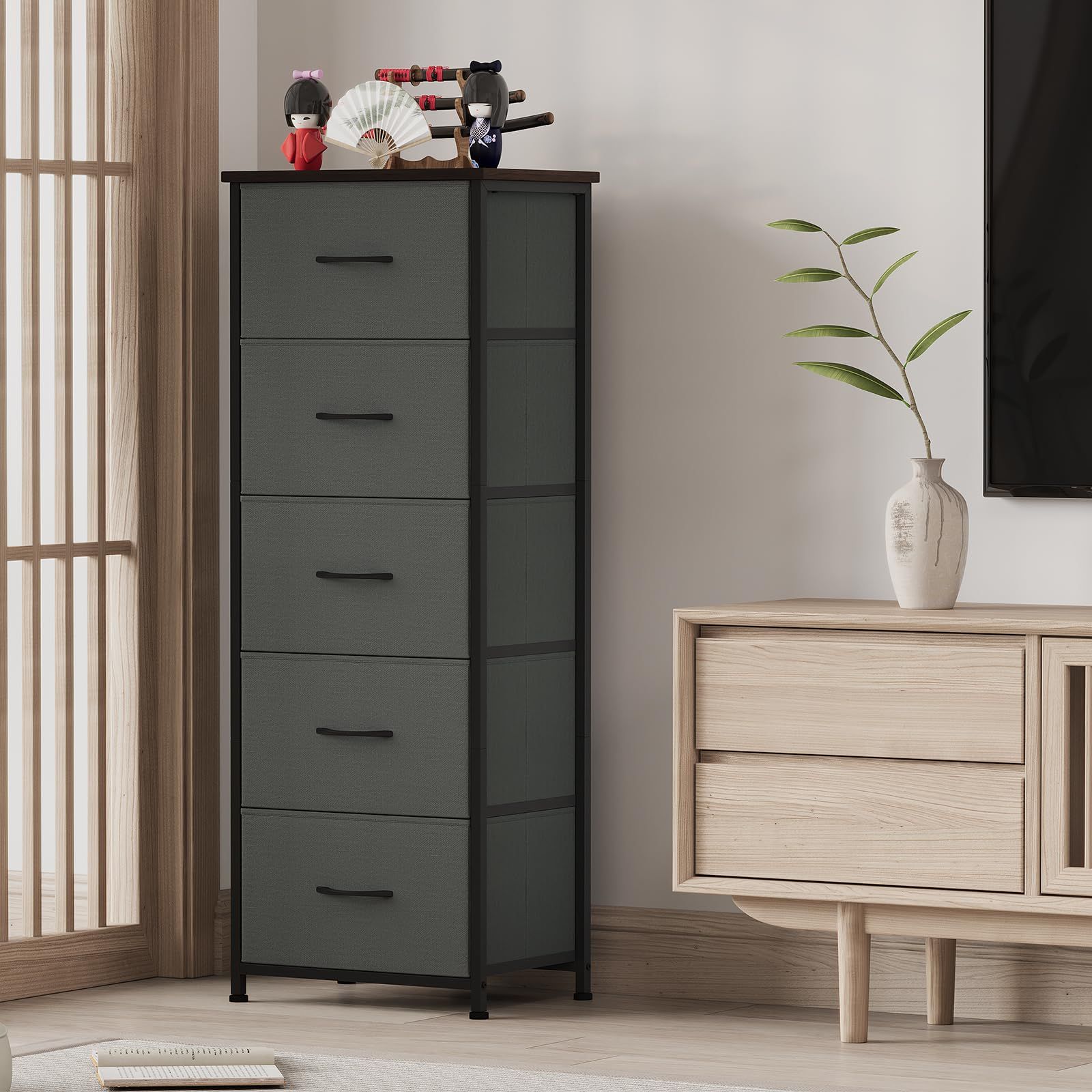 Somdot チェスト タンス 収納 隙間 スリム 引き出し 布製 衣類収納 幅40 リビング 寝室 収納ケース 安定性 一人暮らし 5段 ダークグレー