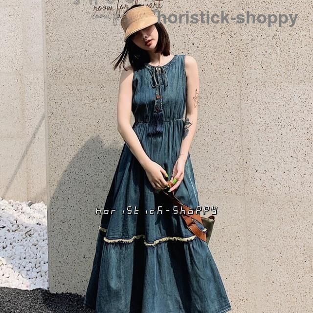 デニム ワンピース 夏 ロングワンピース レディース Aライン デニムワンピ ロング 夏ワンピース ノースリーブ ウエストマーク リゾート