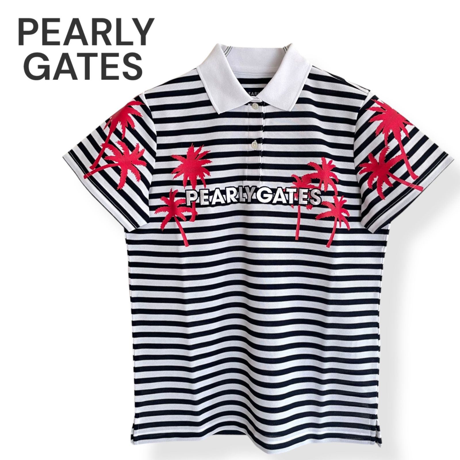 PEARLY GATES パーリーゲイツ ホワイト×ブラック ストライプ 半袖 ポロシャツ サイズ1 タグあり 055-1260616 レディーススポーツ 548KZ
