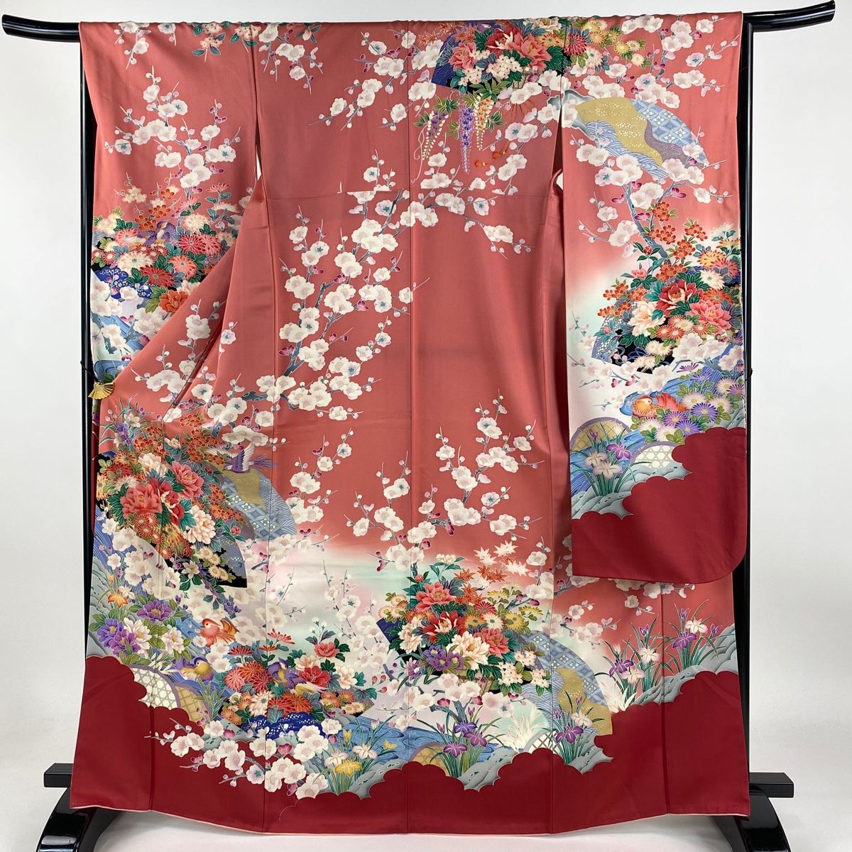 振袖 身丈167cm 裄丈64.5cm M 袷 袋帯フルセット 扇面 花鳥 金銀