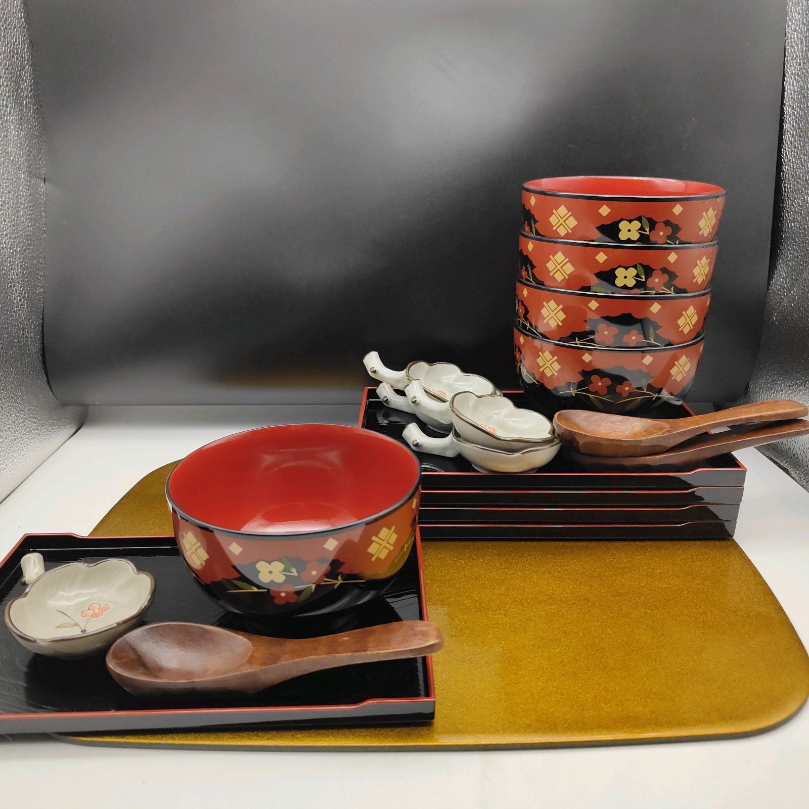 山中漆器 秀衡塗文 どっしり椀 角盆 小皿 5客セット レンゲ3本付 S274