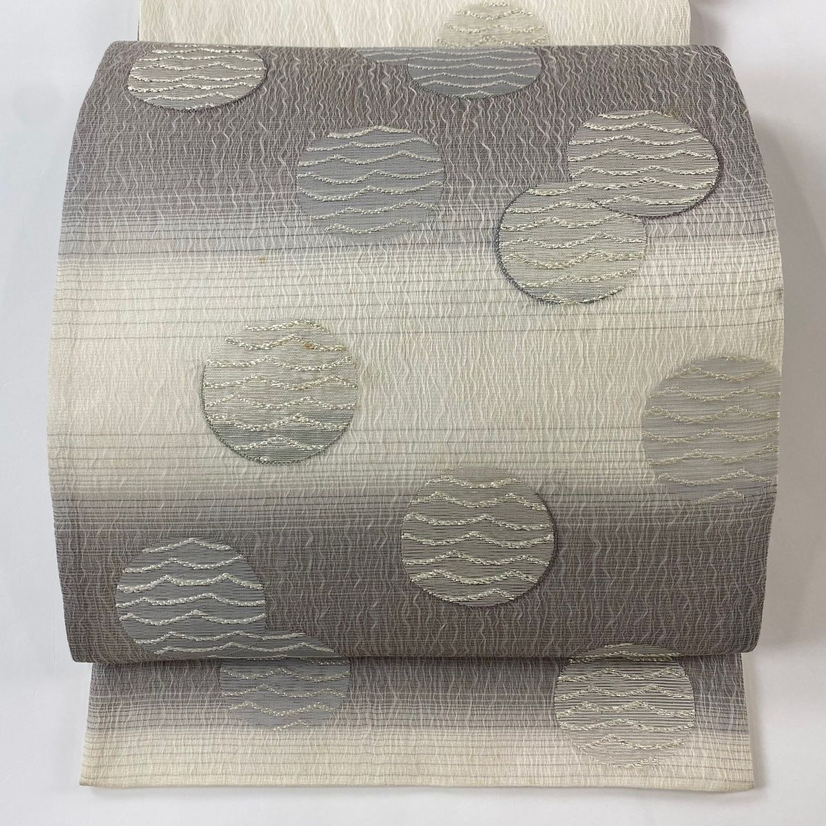 袋帯 秀品 夏帯 丸 縞 箔 銀糸 灰白 お太鼓柄 正絹