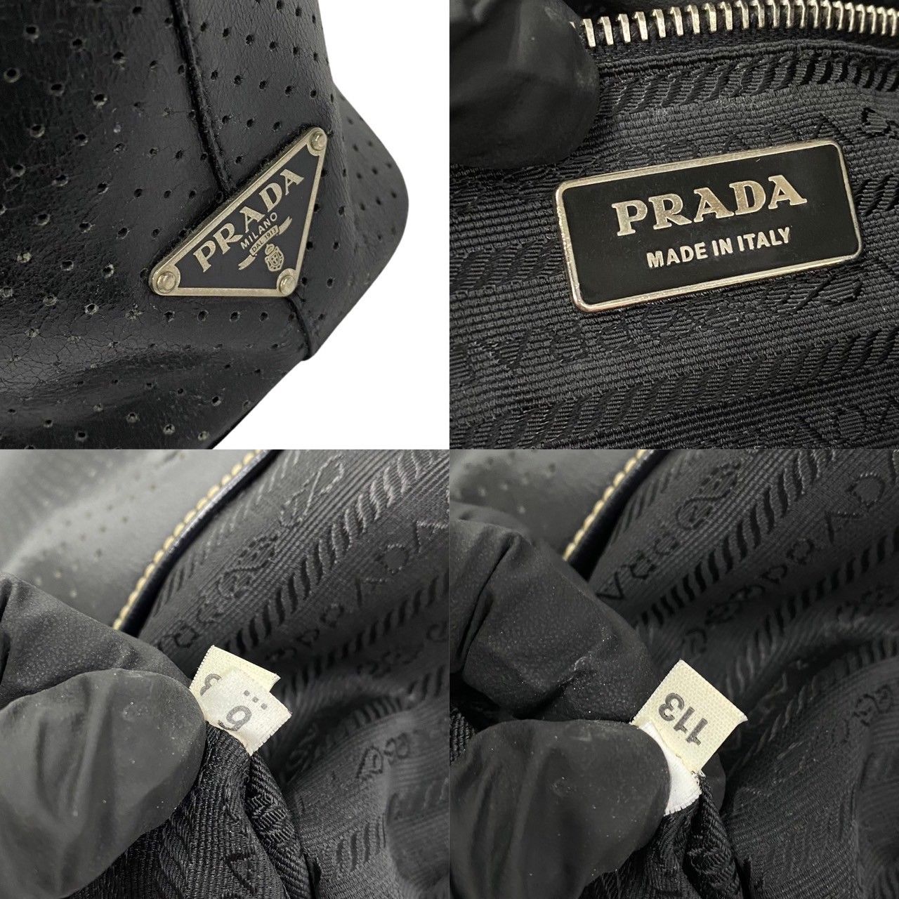 極 美品 保存袋付 希少品 PRADA プラダ 三角ロゴ 金具 パンチング レザー ナイロン トートバッグ ハンドバッグ ブラック 黒 84766 -  メルカリ