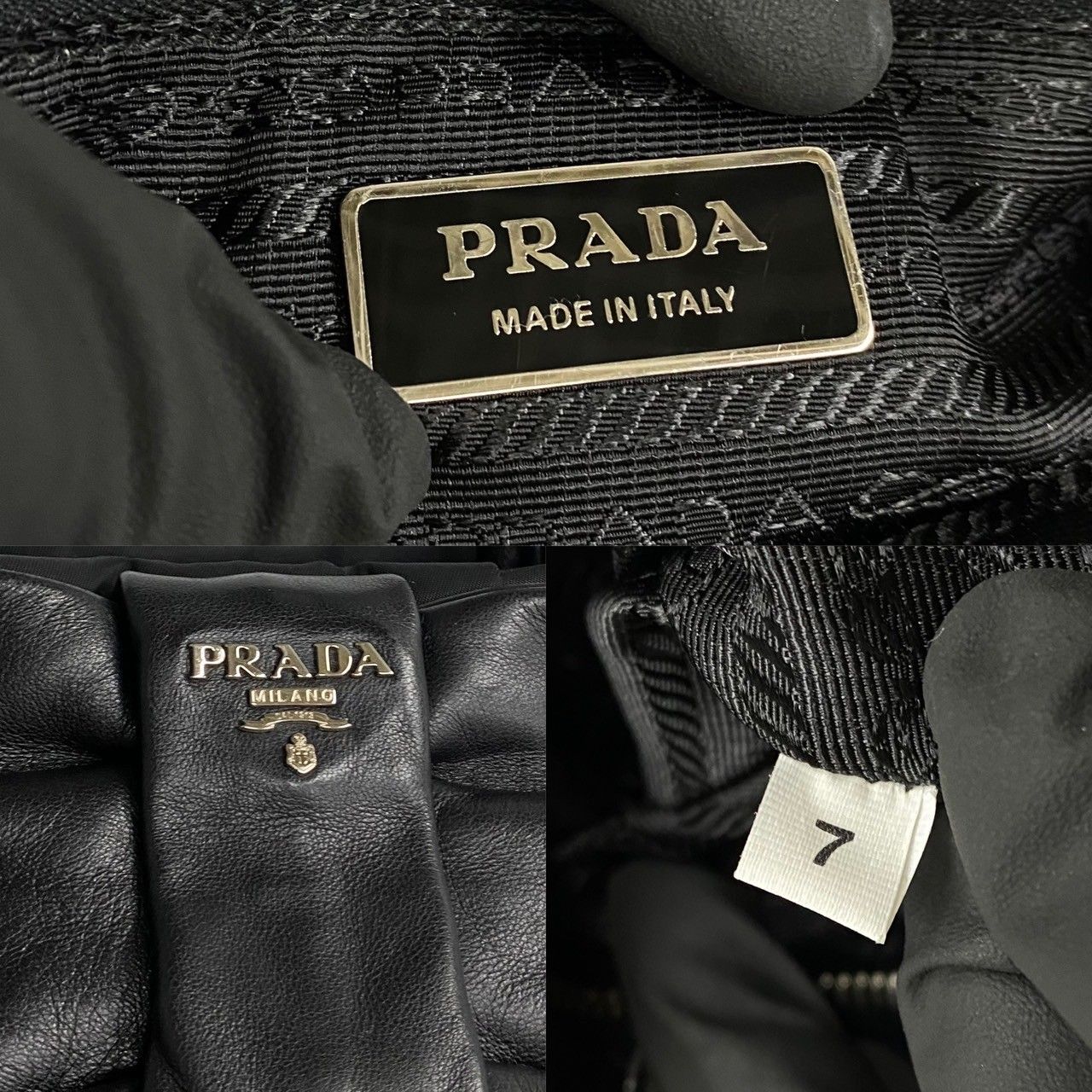 極 美品 PRADA プラダ ロゴ 刻印 リボン ナイロン レザー 本革 