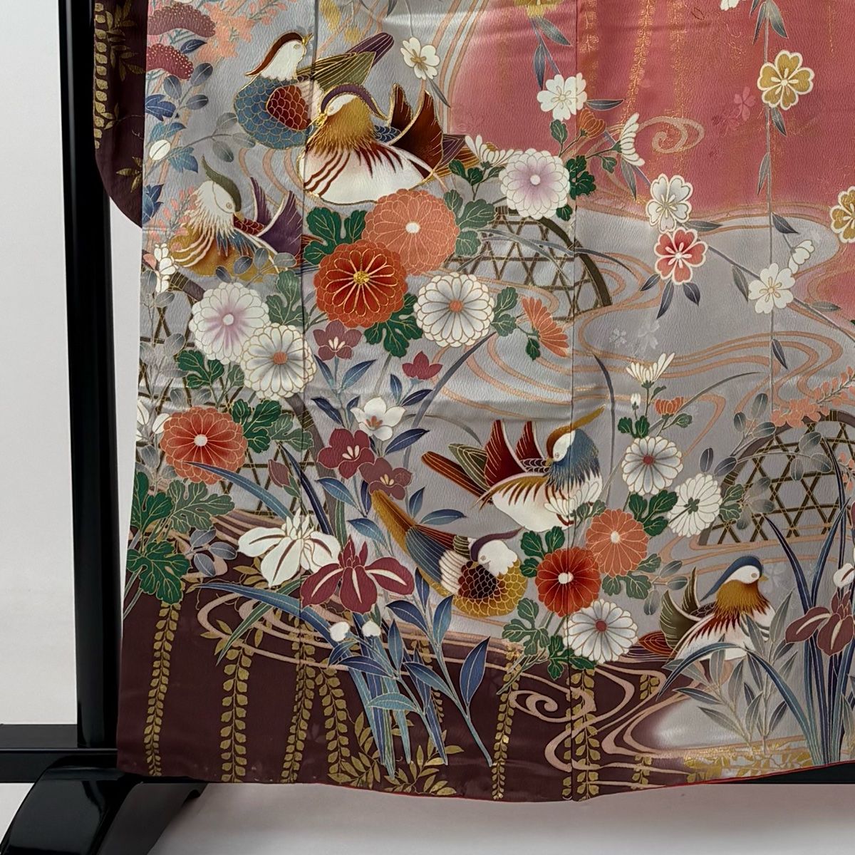 振袖 身丈160cm 裄丈68cm L 袷 鴛鴦 菊 金糸 金彩 ピンク 正絹