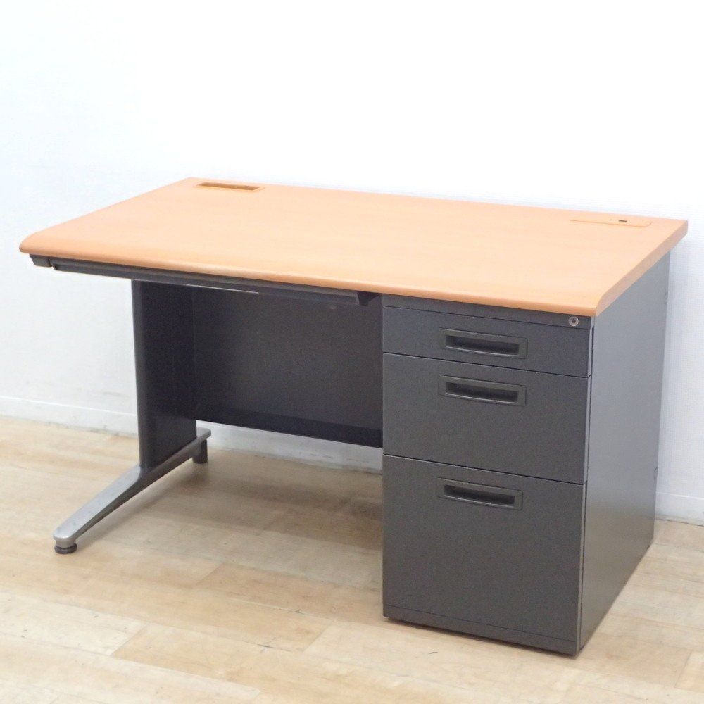 片袖デスク 鍵有り W1200 D700 ブラウン グレー 木目 オフィスデスク インダストリアル調 袖机 配線口 L字脚 EG17889-1 オフィス家具