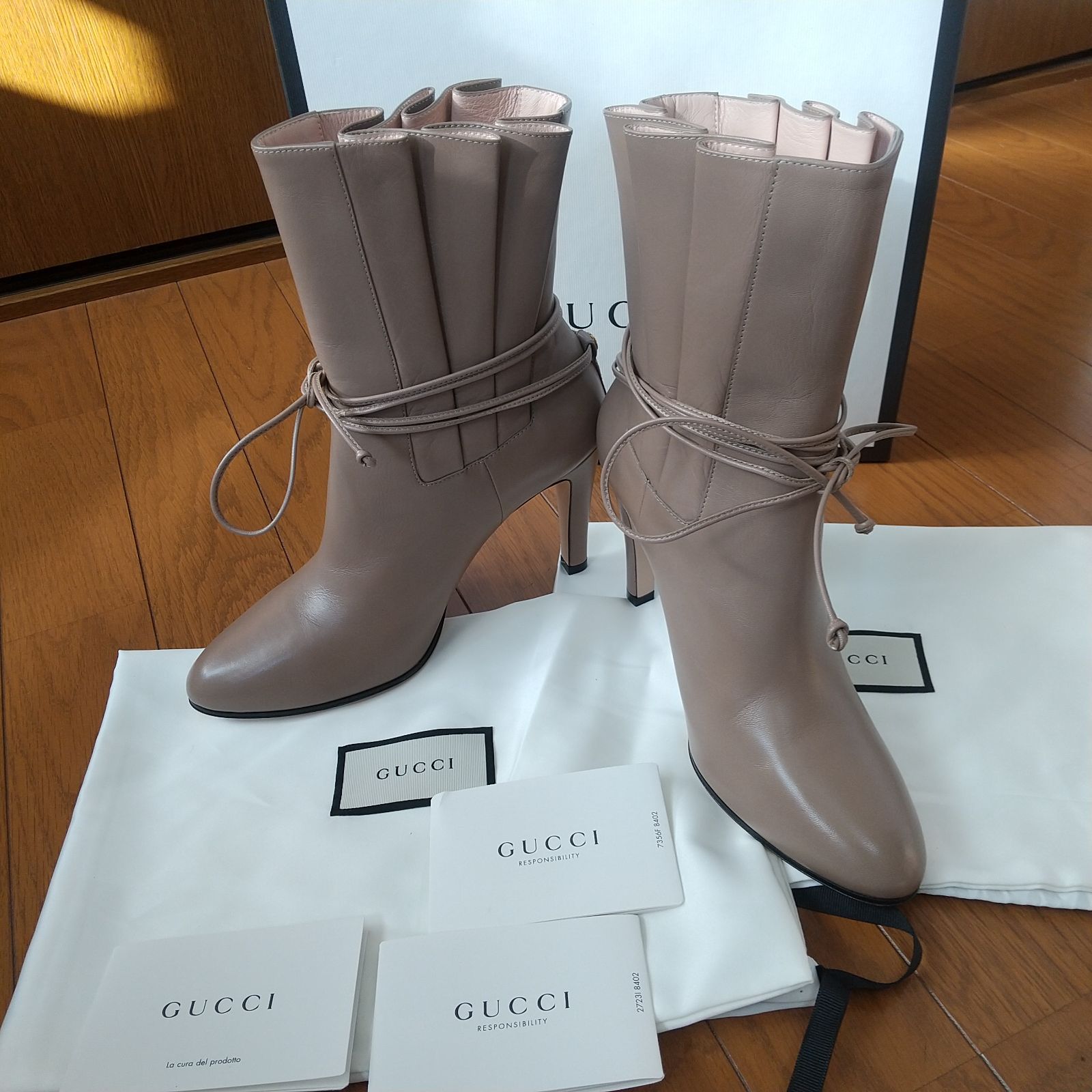 未使用 新品同/GUCCI/グッチ リボンディテール アンクルブーツ 37.5