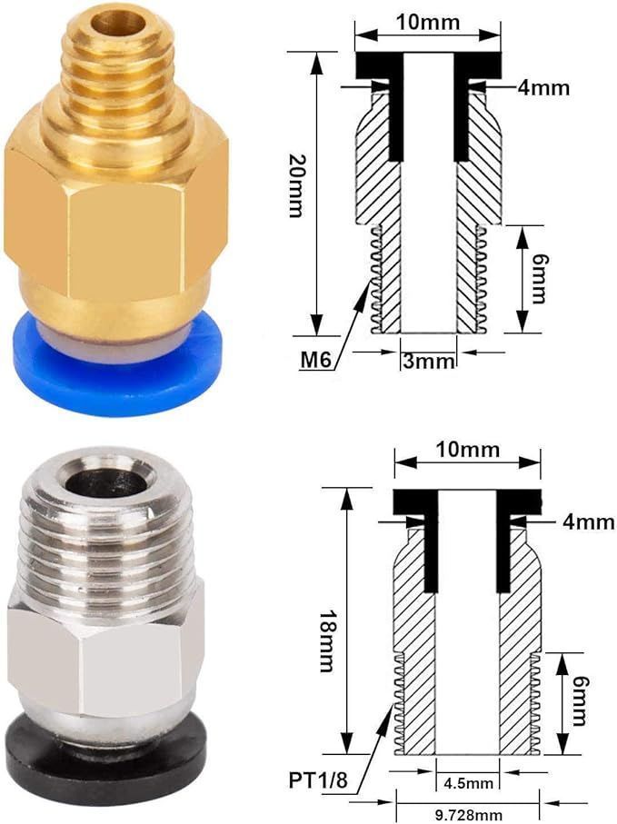 Litorange PTFEチューブ テフロンチューブ 2mm x 4mm x 2M + PC4-M6 ワンタッチ継手 + PC4-M10 ストレート空気圧継手 1.75mmフィラメント用 3Dプリンターパーツセット (ホワイト)