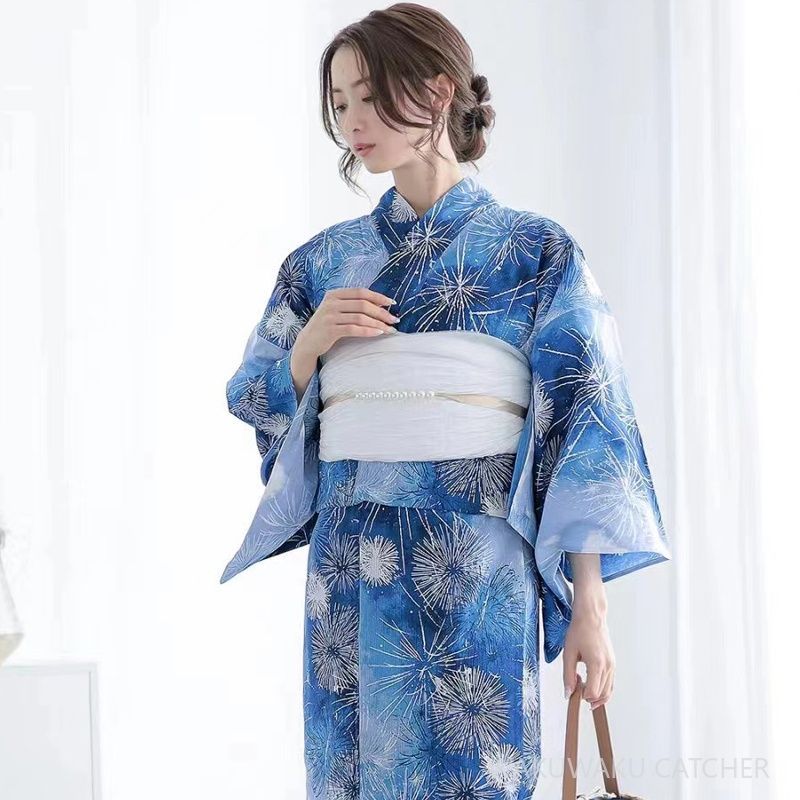 青色 花火模様 浴衣 かごバッグ付き SOUBIEN かごバッグ 浴衣 カゴバッグ アタ 着物 和装 レディース