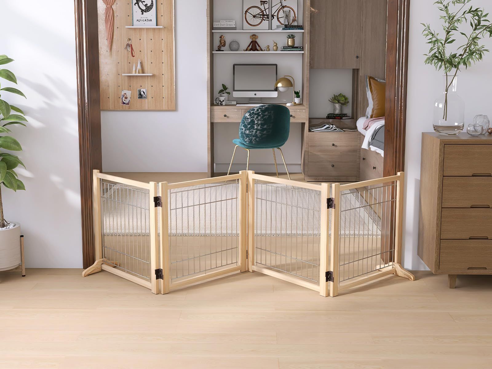 新着商品 ペットゲーなペットフェンス 犬用ゲート 天然木色 犬用フェンス 折り式バリア ペット用家具フェンス 安全柵 小型犬 中型犬 犬用 脱走防止 ガード 飛び出し防止 多頭飼い ペットガード
