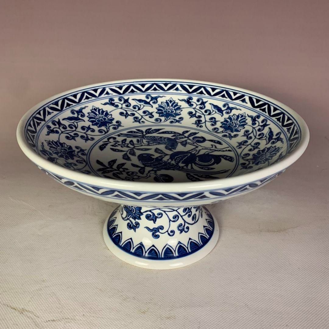 中国美術 青花富貴花鳥図大果盆 景徳鎮 陶磁器 装飾品 工芸品