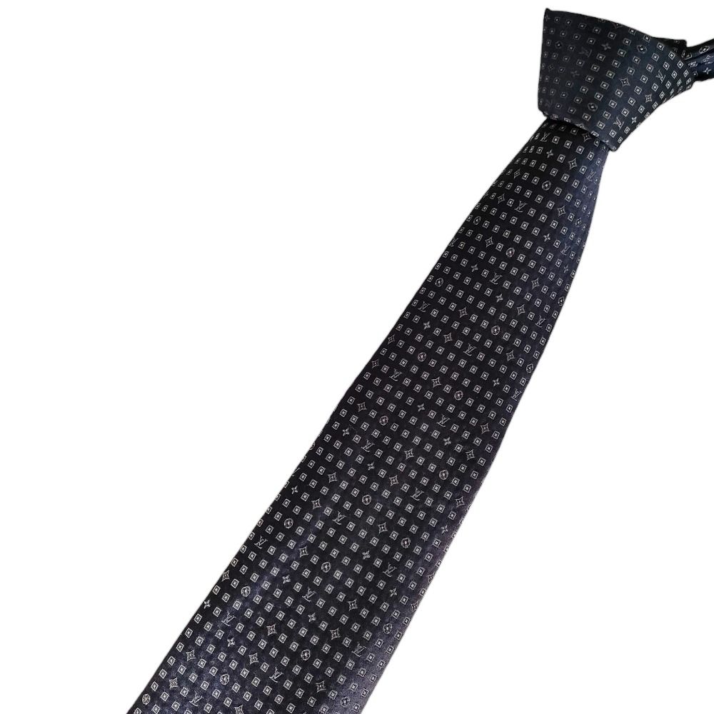 LOUIS VUITTON ルイヴィトン シルク100％ モノグラム 総柄 レギュラータイ ネクタイ ネイビー メンズ 古着