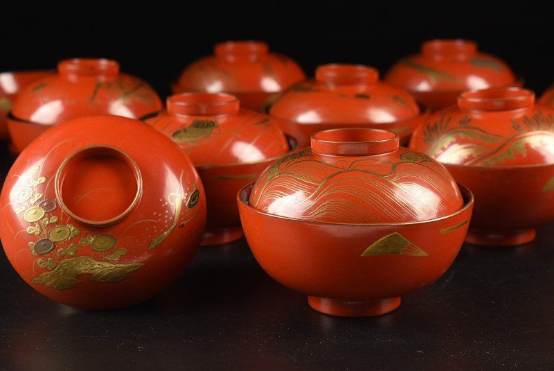 蔵A3261a 木製朱塗 絵替蒔絵 吸物椀 汁椀 十客