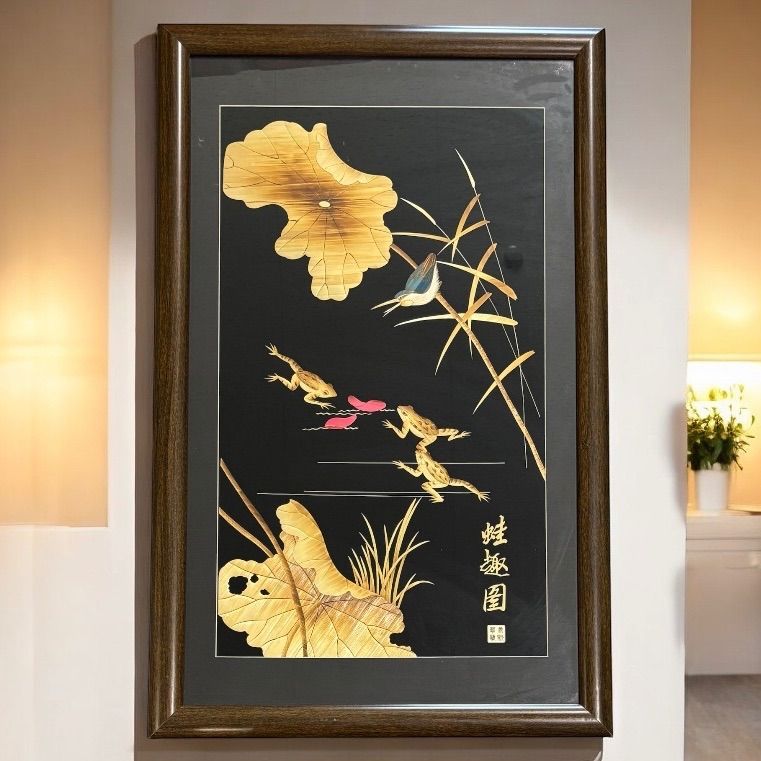 中国現地買入 カエル 切り絵 貼り絵 中国 蛙 鴛鴦 風景 額 版画 アート イラスト 美術品 中国雑貨 コレクション 骨董品 アンティーク
