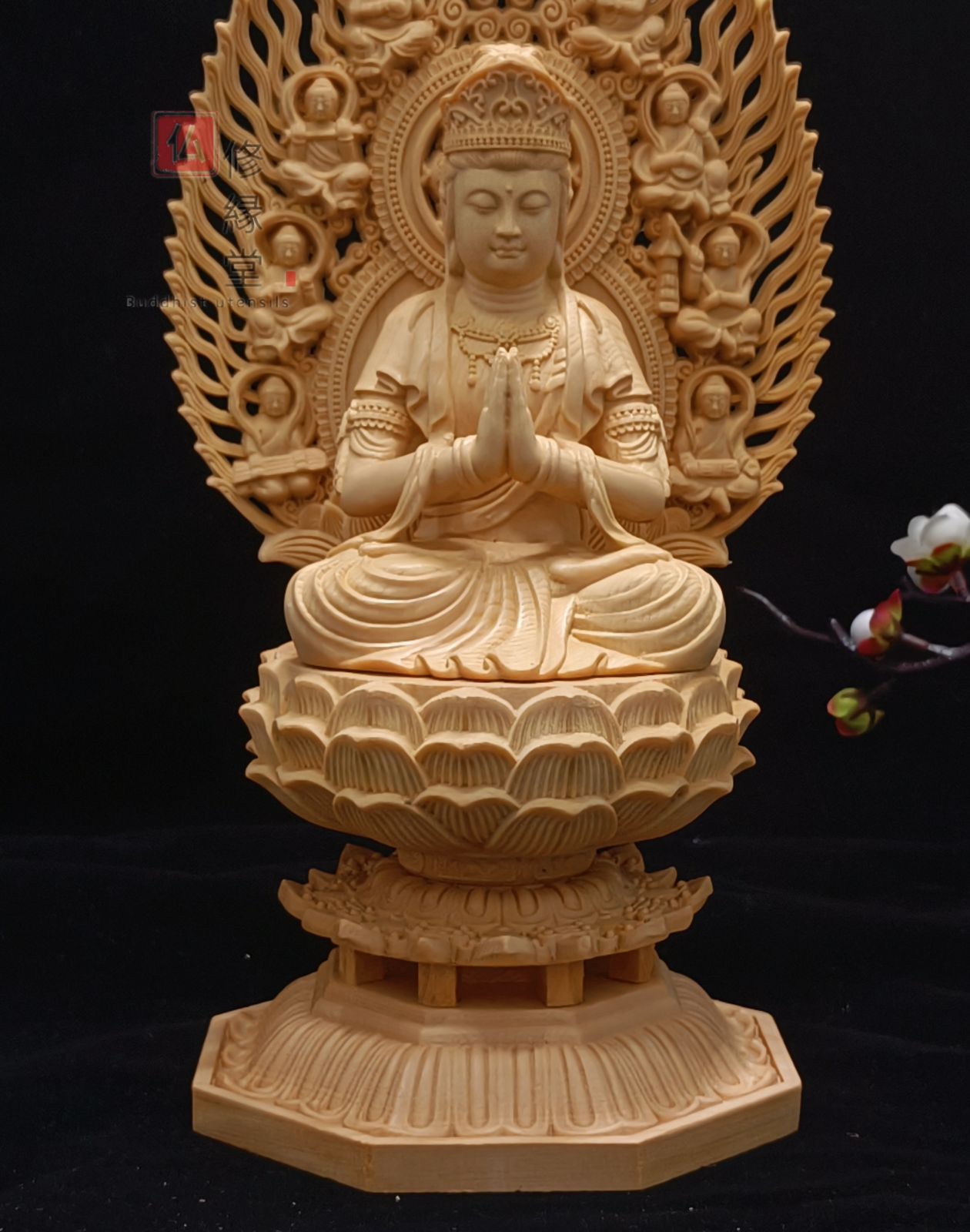 極上品 木彫り 仏像 普賢菩薩座像 彫刻 一刀彫 天然木檜材 仏教工芸
