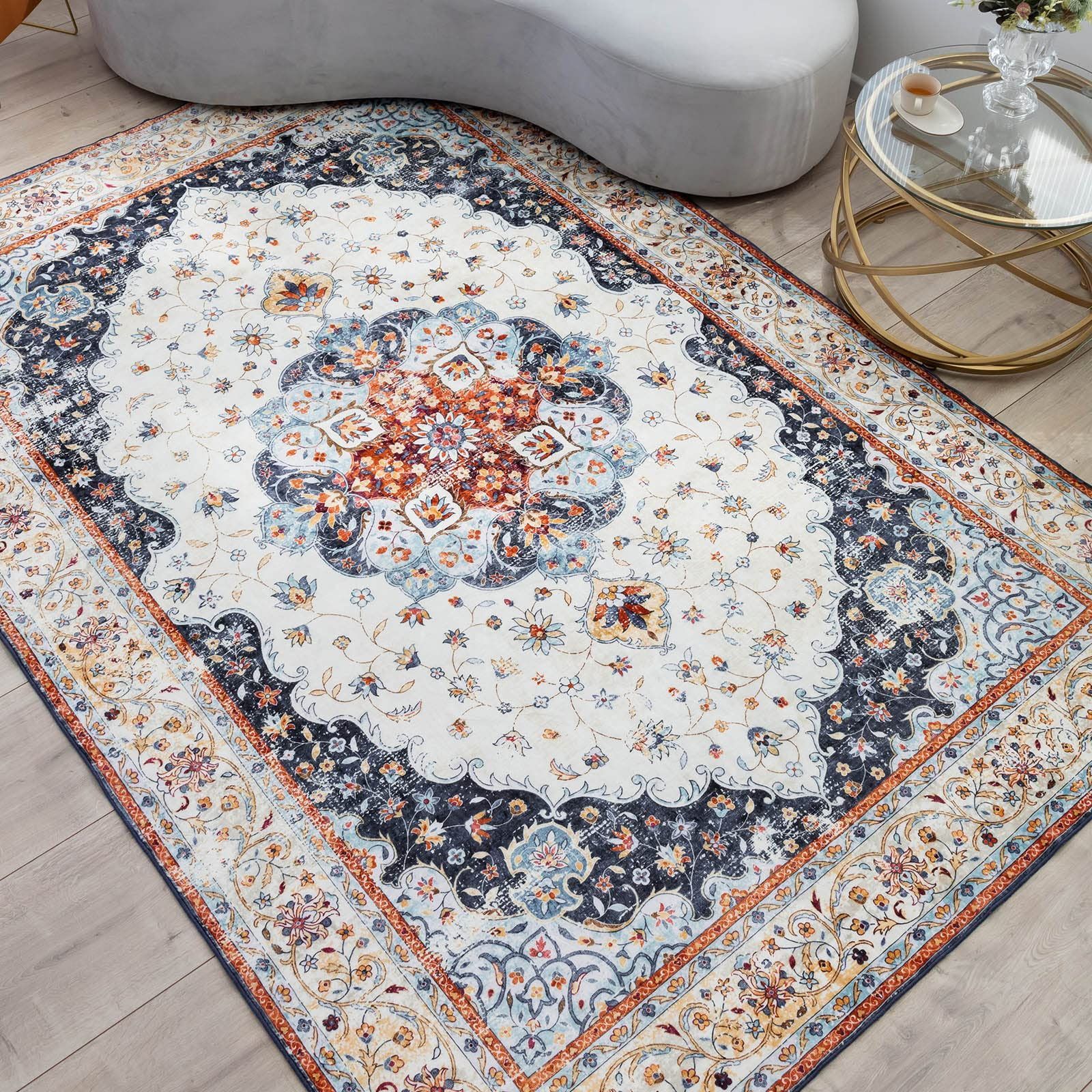 厚手 滑り止め ふわふわ マット ベージュ ラグ 花柄 撥水効果 洗える 防ダニ 200x250CM ペルシャ絨毯風 防臭 3畳 カーペット 床暖房対応 u-living
