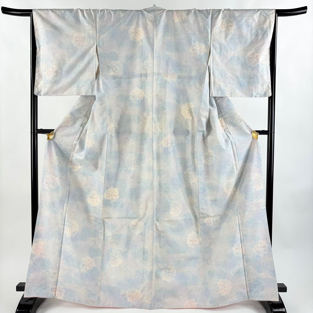 大島紬 身丈166.5cm 裄丈67.5cm L 袷 都喜ヱ門 藤白泥 証紙 花唐草 青灰色 正絹