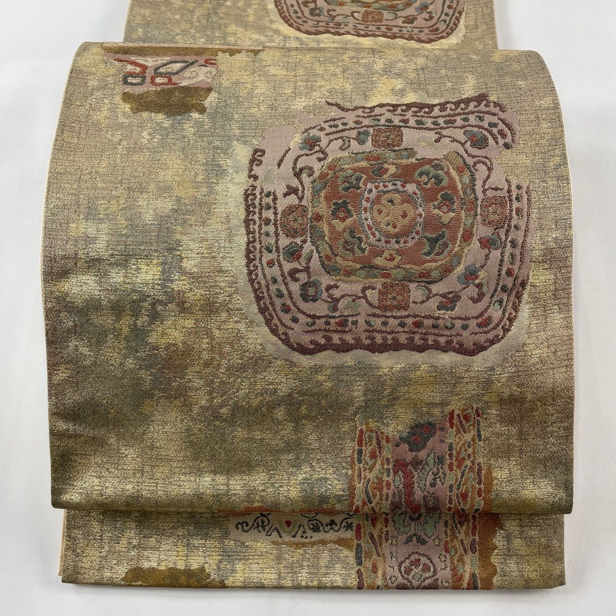 袋帯 美品 秀品 コプト柄 幾何月 箔 ベージュ 六通 正絹 【中古  