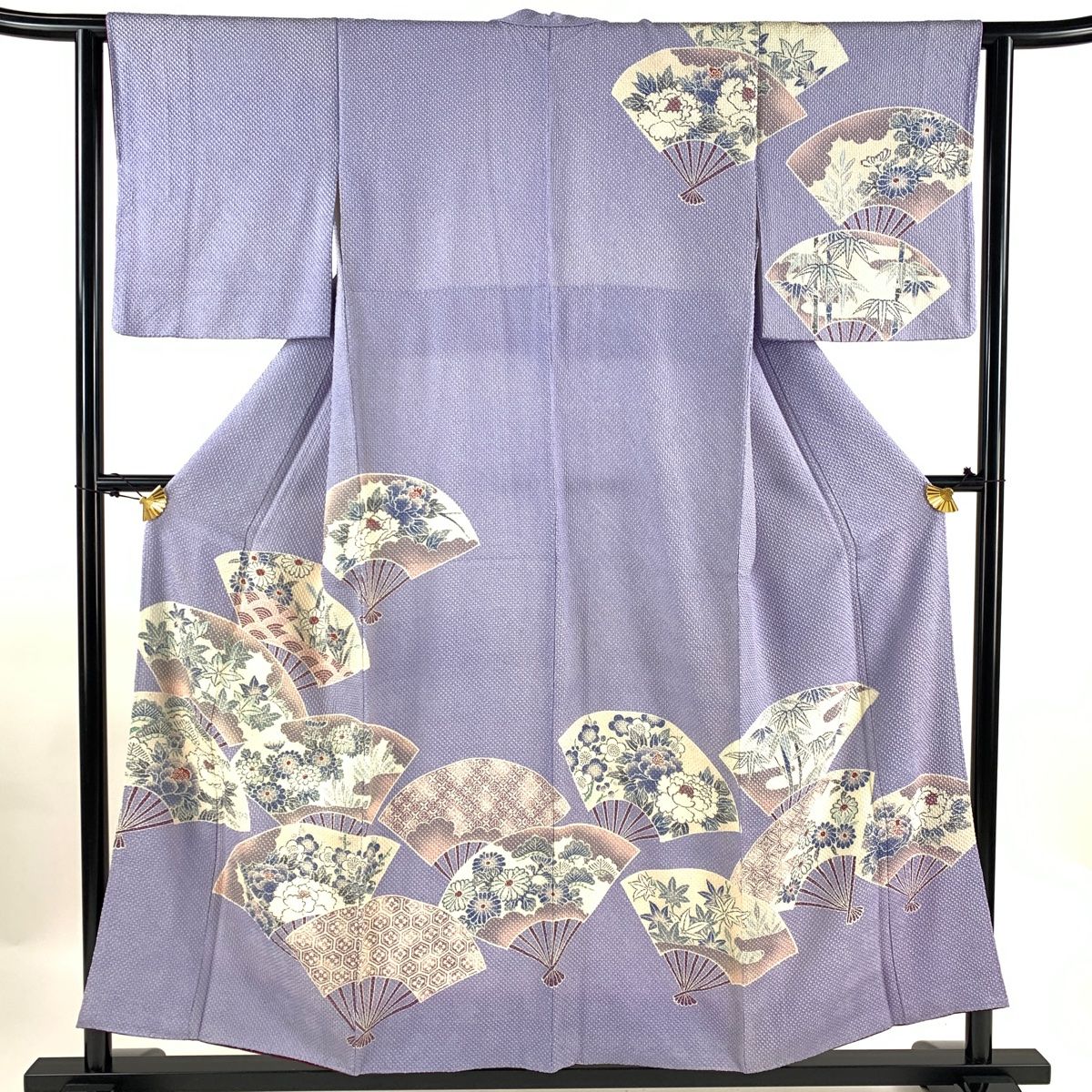 付下げ 身丈164cm 裄丈66.5cm M 袷 草花 刺繍 金彩 紫 正絹 美品 秀品  