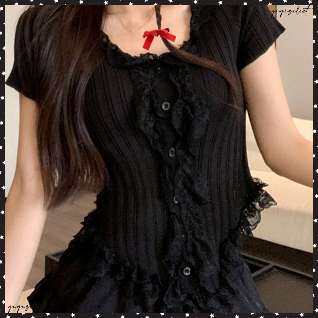 送料無料 レースフリルニットトップスショート丈夏服 サマーニット