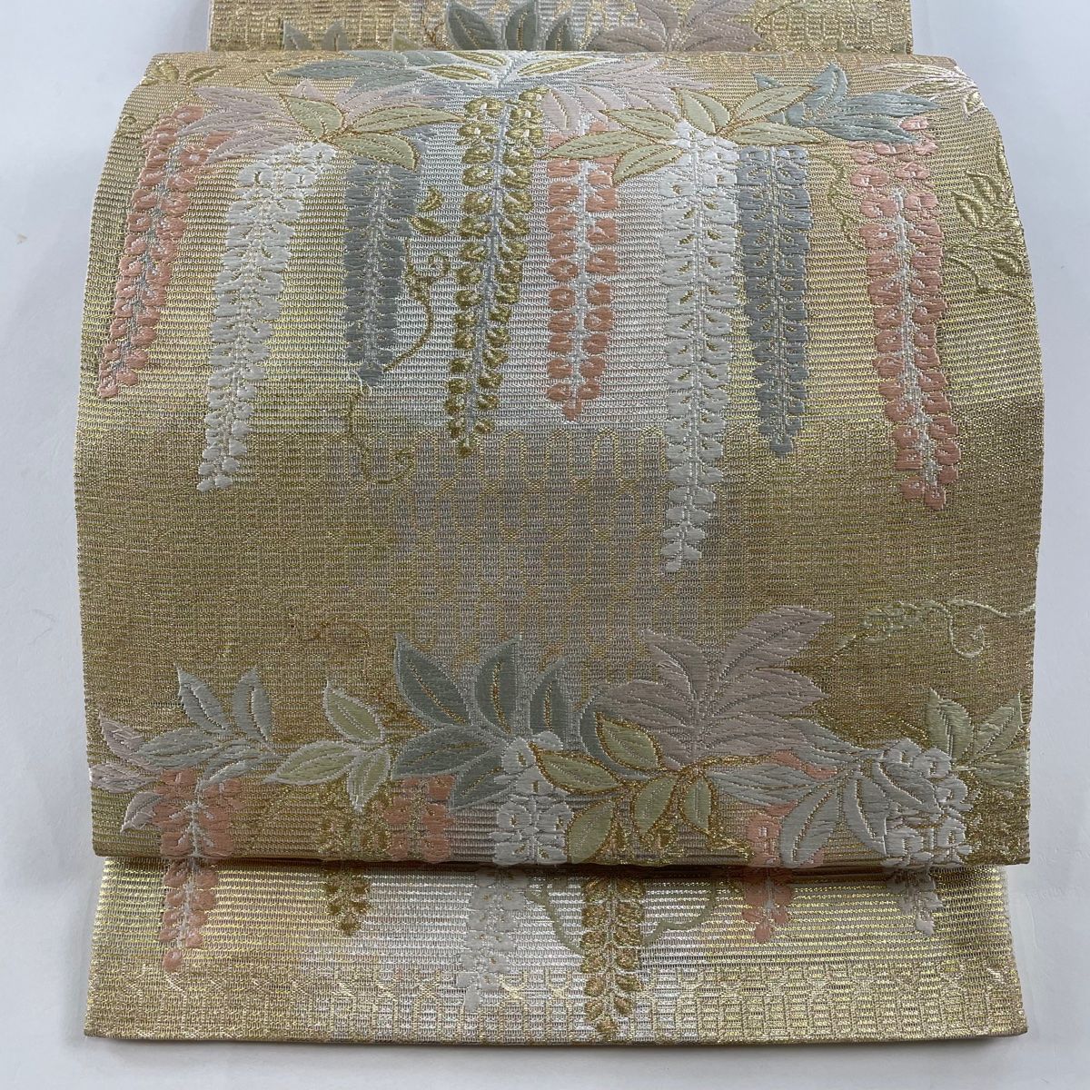 お手頃価格 金糸 箔 段に藤文様 夏帯 名品 美品 袋帯 金色 【中古 正絹 六通 着物・浴衣