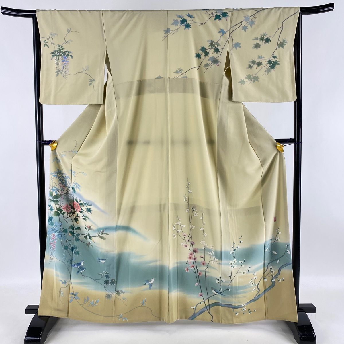 訪問着 美品 秀品 落款 椿 鳥 ぼかし ベージュ 袷 身丈163cm 裄丈66cm