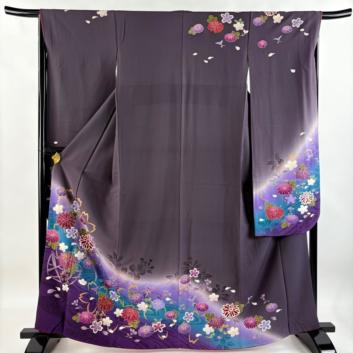 振袖 身丈163cm 裄丈64.5cm M 袷 菊 流水 金彩 ぼかし 灰紫 正絹 名品