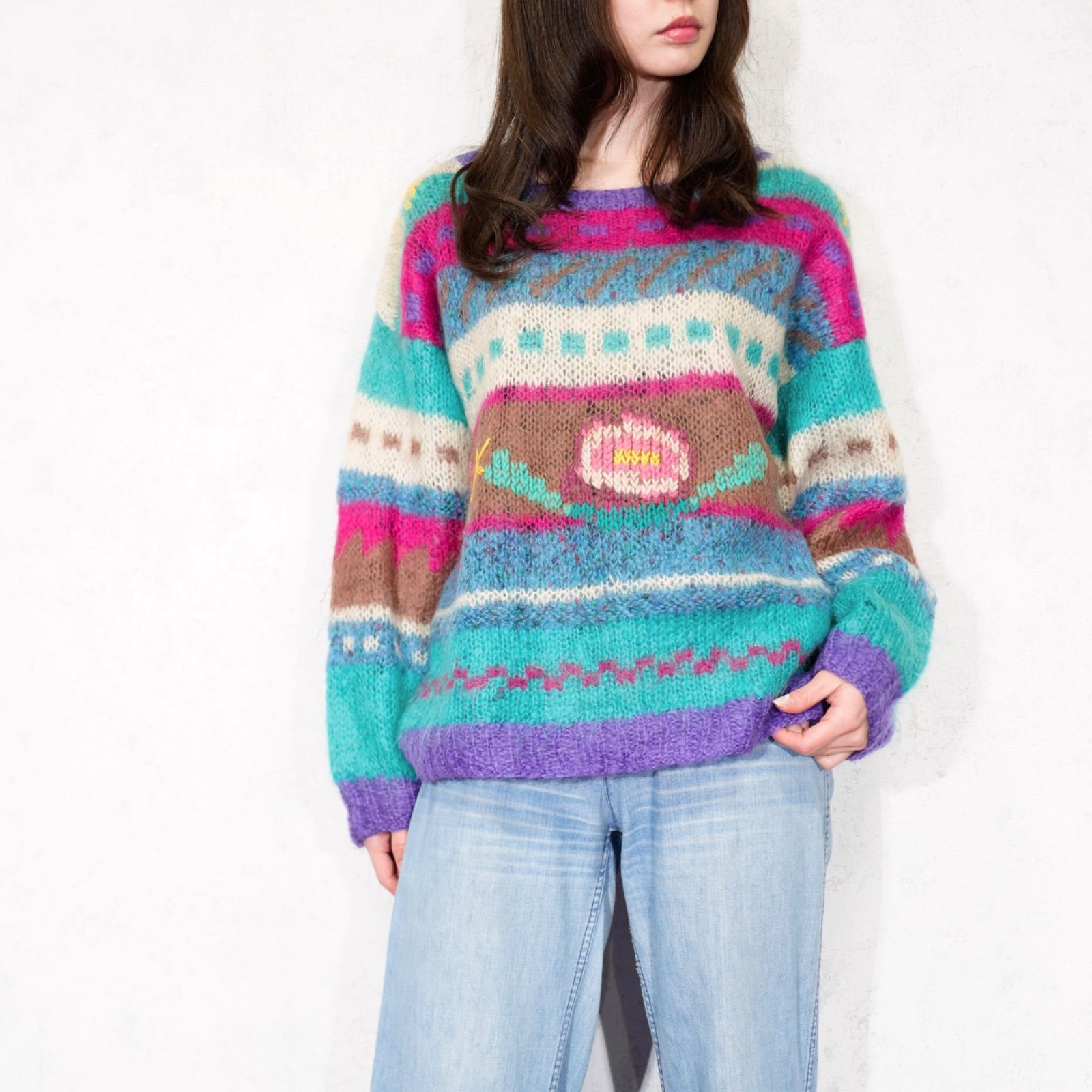 USA VINTAGE IMAGINE FLOWER PATTERNED COLORFUL DESIGN KNIT|アメリカ古着お花柄カラフルデザインニット